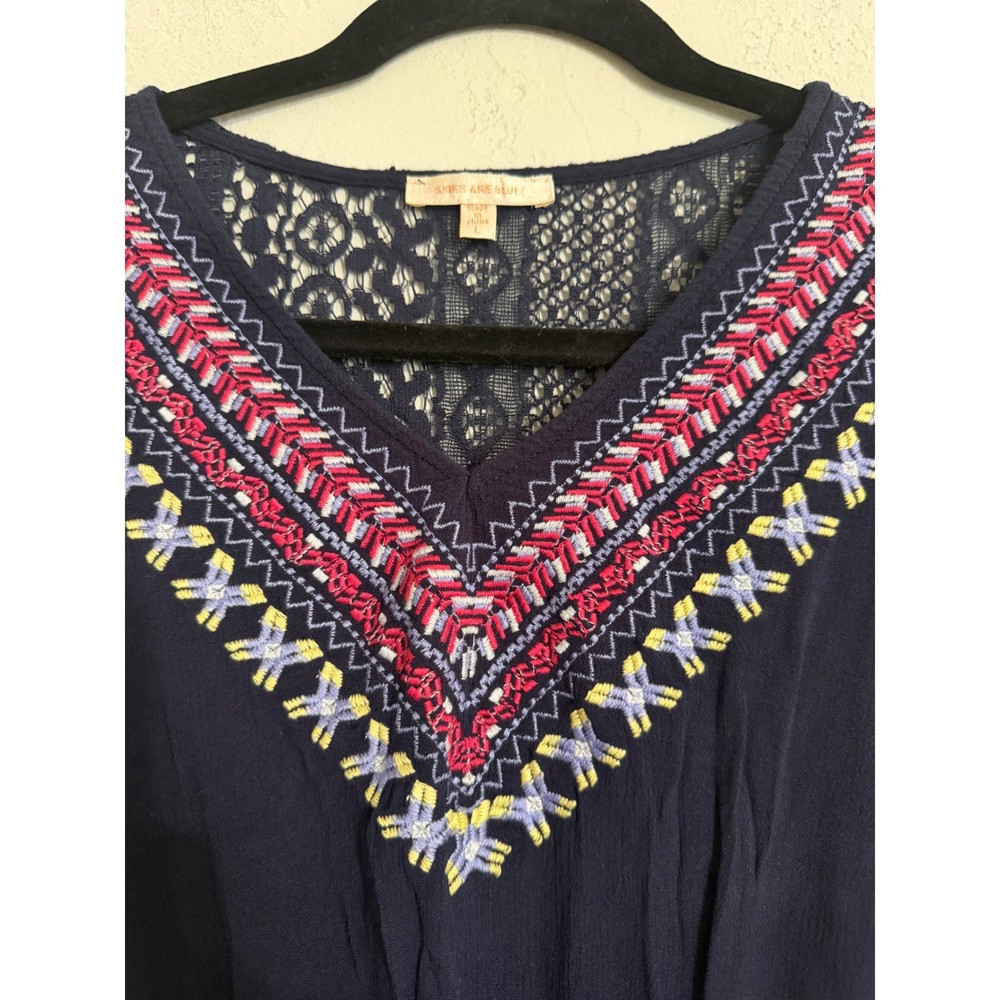 Skies Are Blue Navy Blue Embroidered‎ Lace Back Sleeveless Mini Dress Size L - Picture 4 of 7